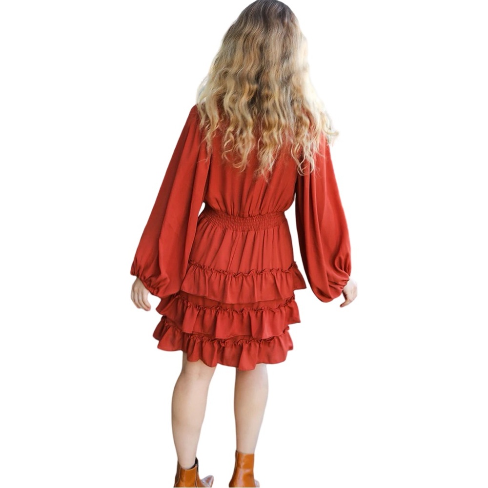 HAPTICS RUST SMOCKED WAIST TIERED RUFFLE LINED DRESS - Picture 5 of 6